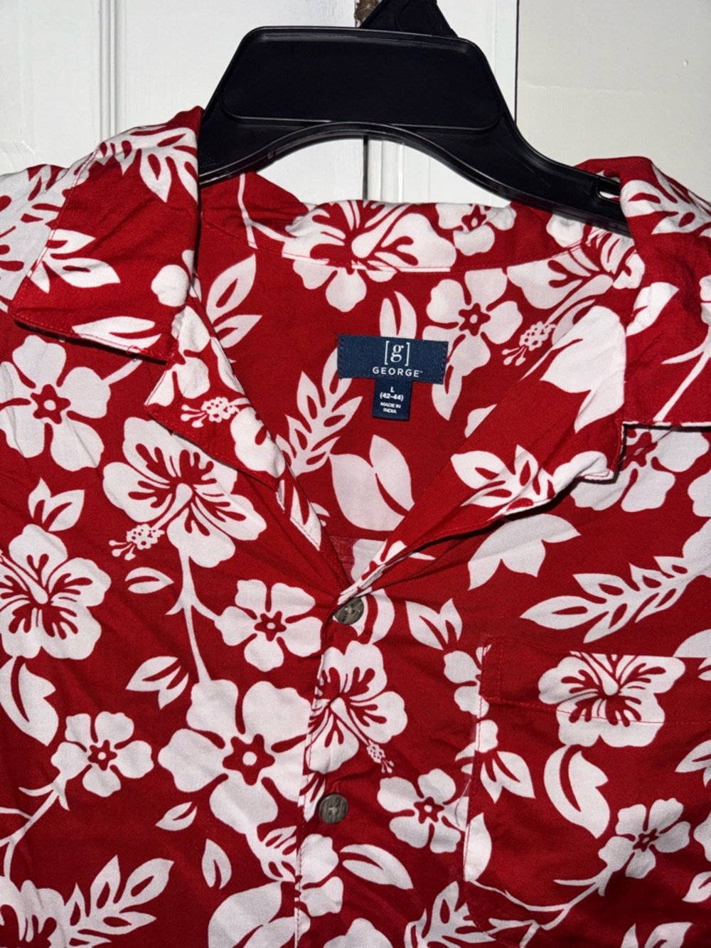 George Men’s Hawaiian Shirt L NWT Red White Hibiscus Floral Rayon Aloha Camp Top - Picture 7 of 11